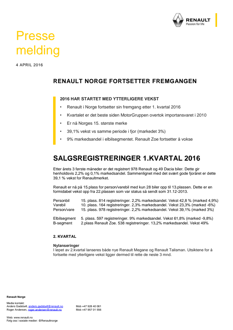 RENAULT NORGE FORTSETTER FREMGANGEN