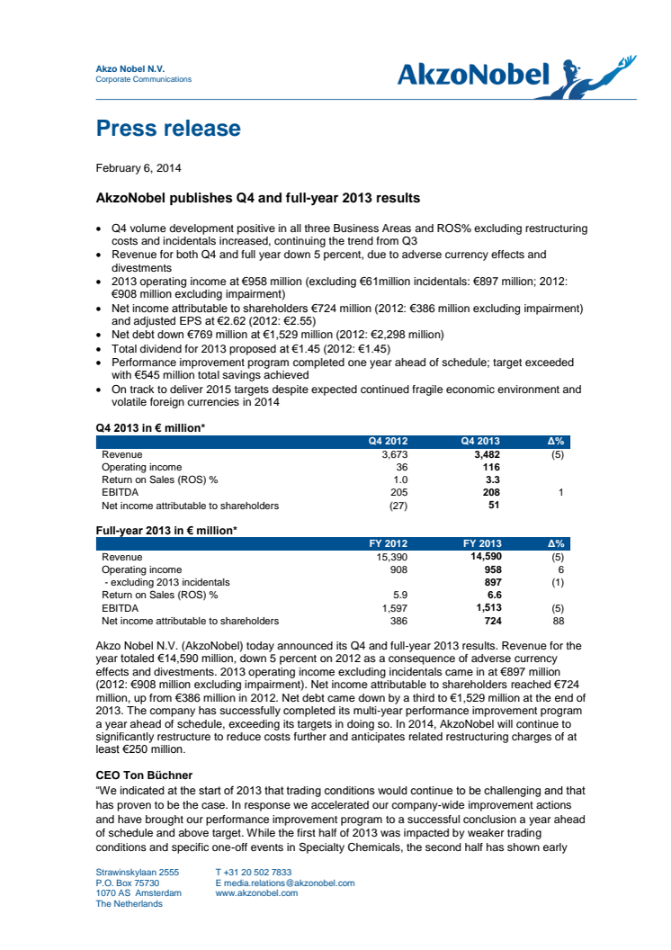 AkzoNobel publishes Q4 and full-year 2013 results