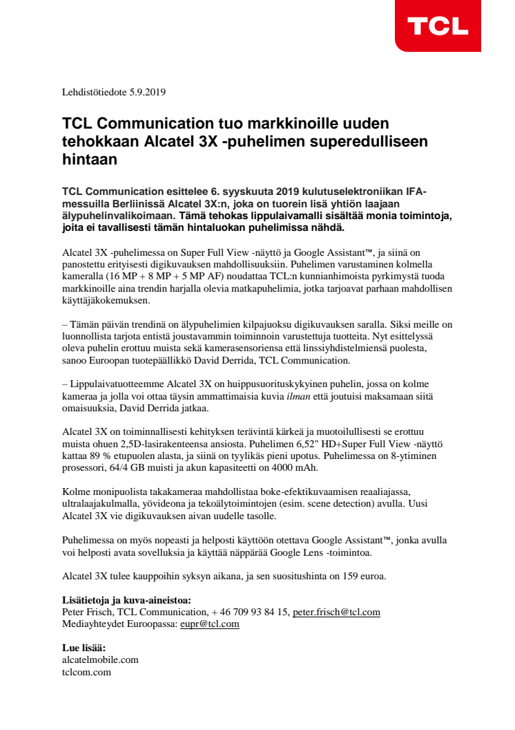 TCL Communication tuo markkinoille uuden tehokkaan Alcatel 3X -puhelimen superedulliseen hintaan
