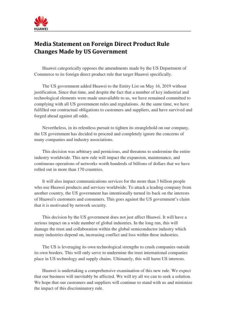 Media Statement on Foreign Direct Product Rule Changes Made by US Government