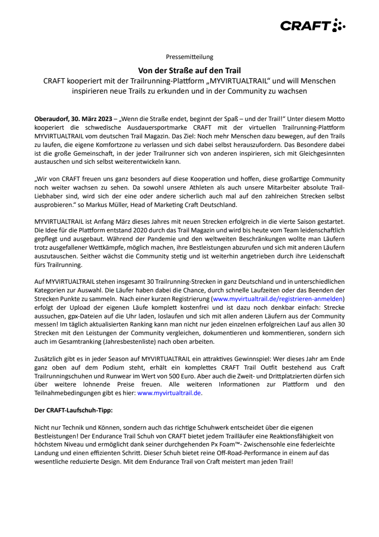 Pressemitteilung CRAFT x MYVIRTUALTRAIL