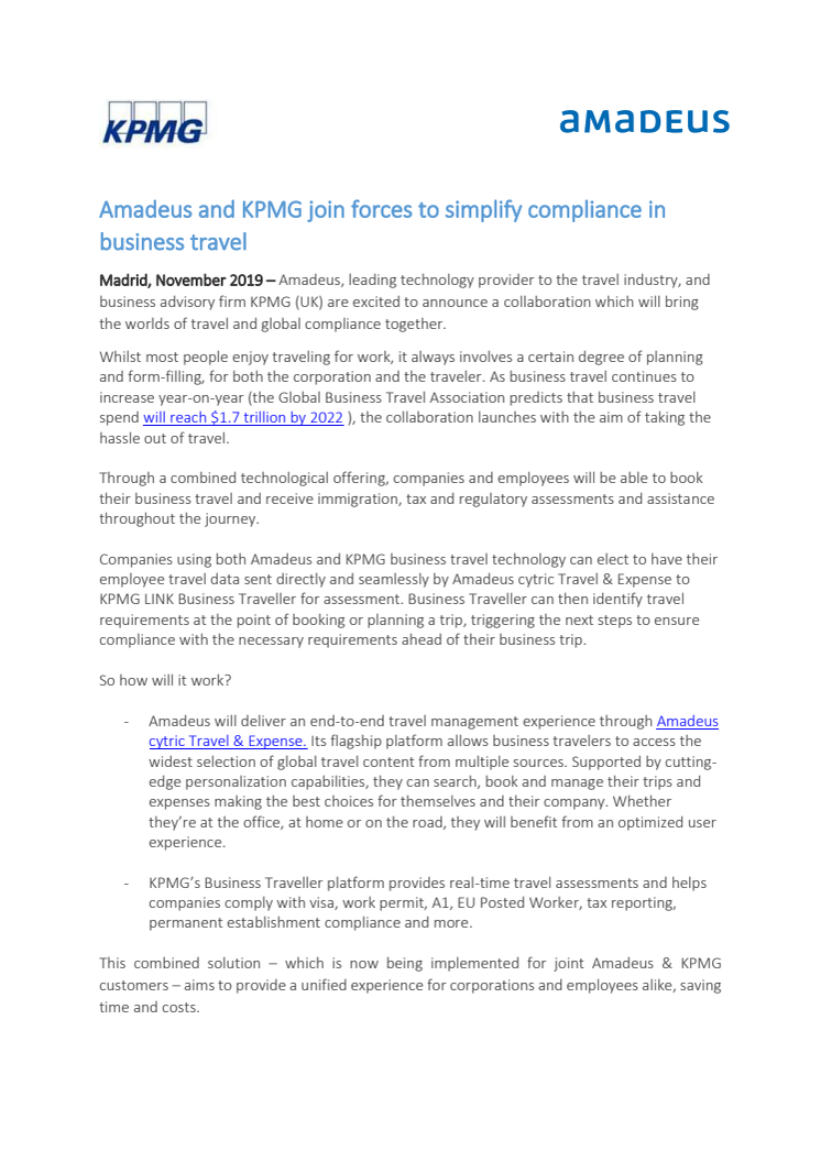 Amadeus og KPMG gjør forretningsreiser enklere gjennom nytt samarbeid 
