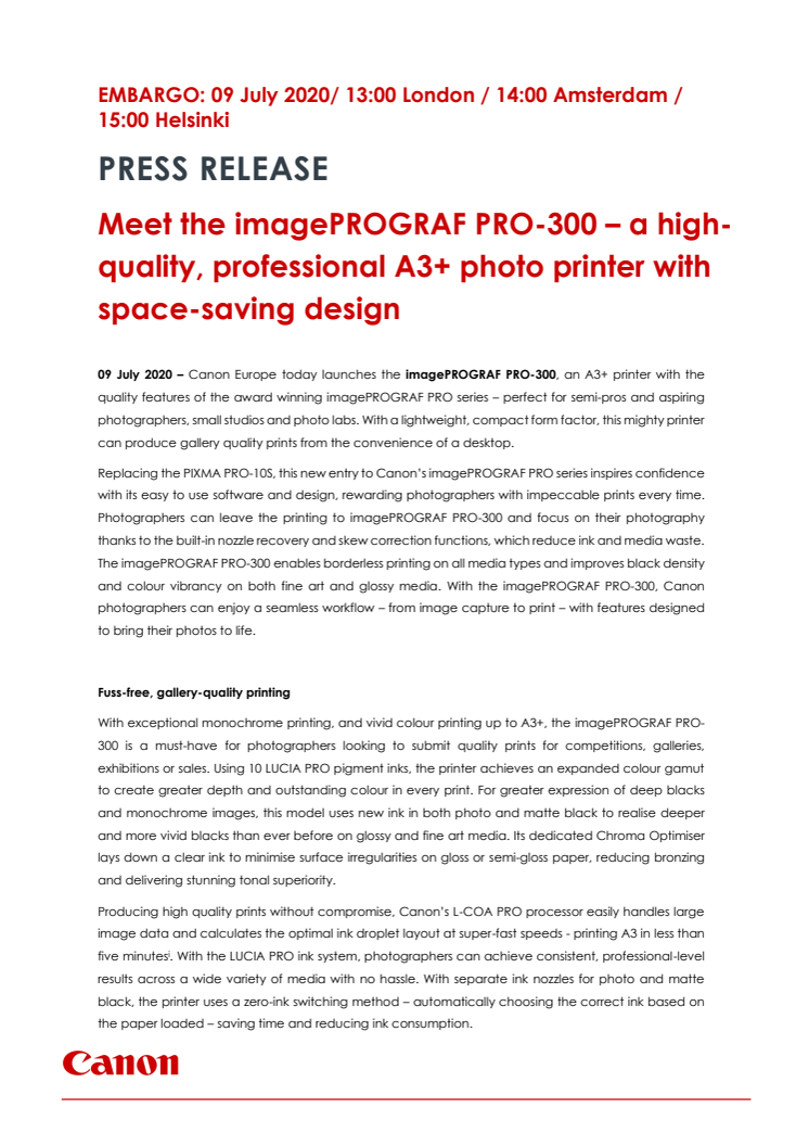 Meet the Canon imagePROGRAF PRO-300 – a high-quality, professional A3+ photo printer with space-saving design