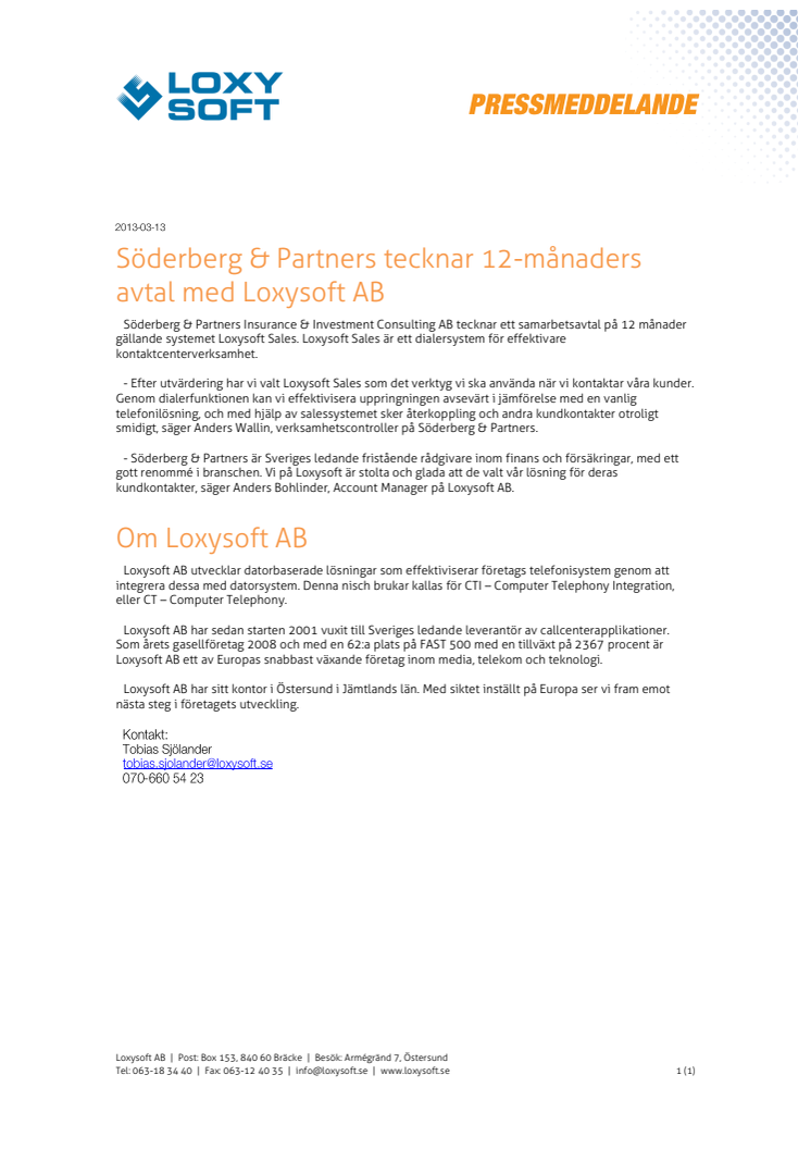 Söderberg & Partners tecknar 12-månaders avtal med Loxysoft AB