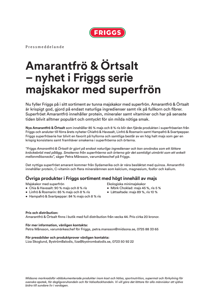 Amarantfrö och Örtsalt - nyhet i Friggs serie majskakor med superfrön