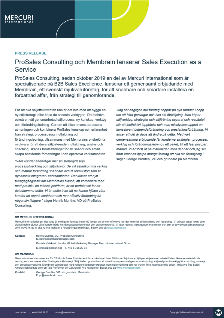 ProSales Consulting och Membrain lanserar Sales Execution as a Service