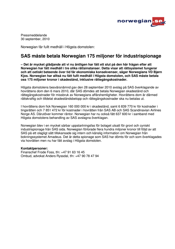 SAS måste betala Norwegian 175 miljoner för industrispionage