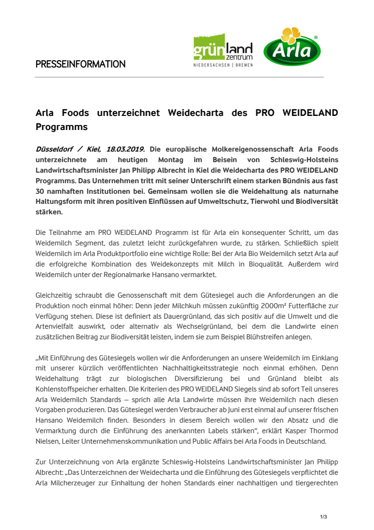 Arla Foods unterzeichnet Weidecharta des PRO WEIDELAND Programms