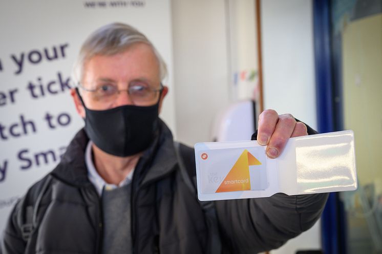 Neil Middleton, of Rail Future Hertfordshire and Bedfordshire, is issued with a free key smartcard at Hitchin station 2