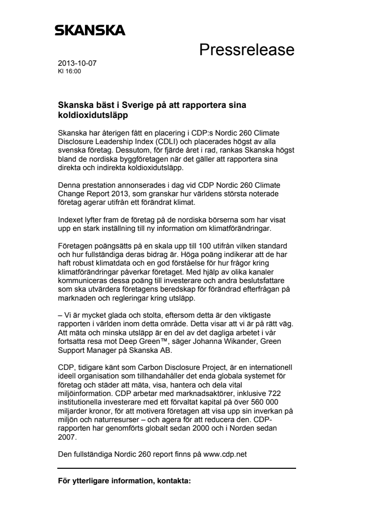 Skanska bäst i Sverige på att rapportera sina koldioxidutsläpp
