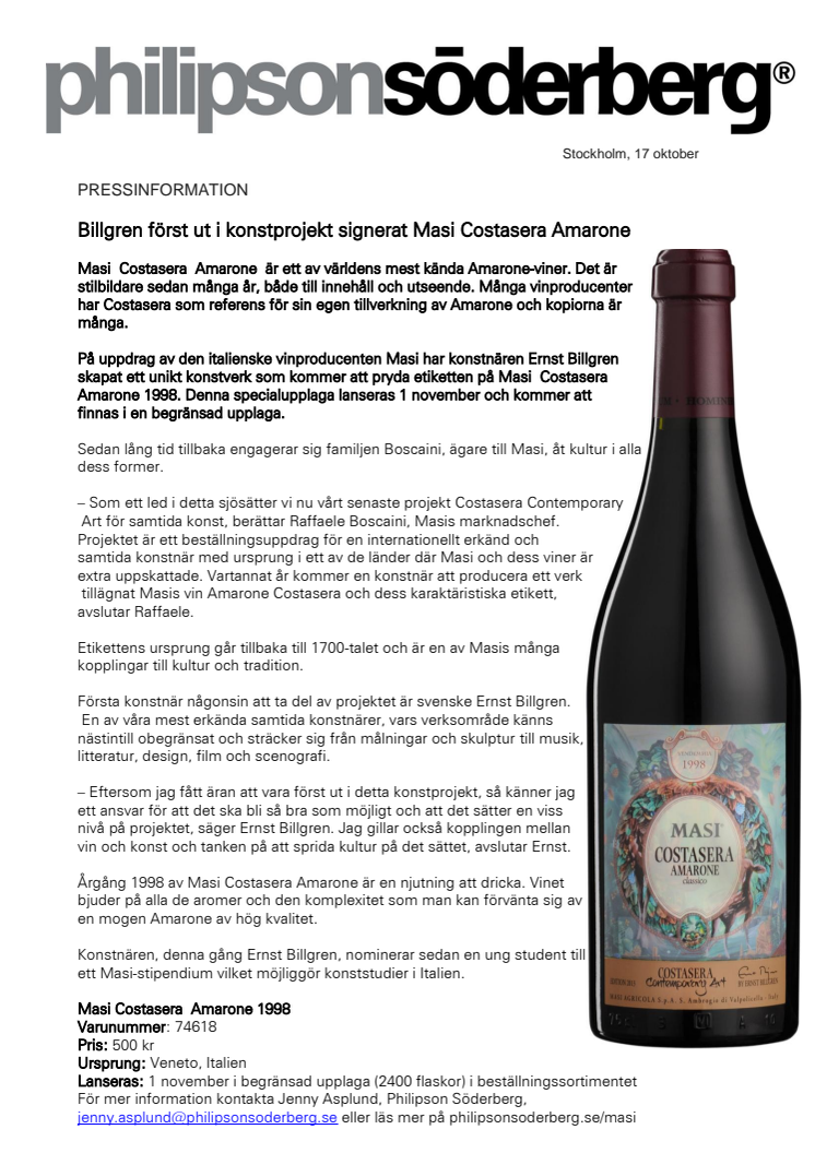 Billgren först ut i konstprojekt signerat Masi  Costasera Amarone