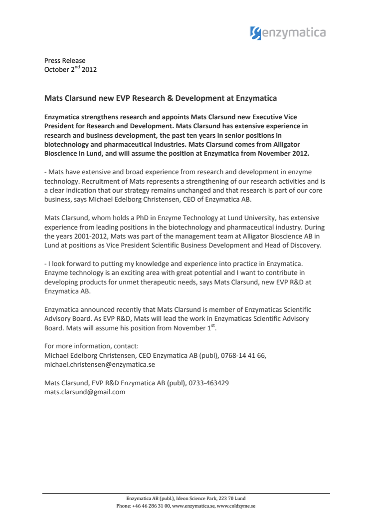 Mats Clarsund new EVP Research & Development at Enzymatica
