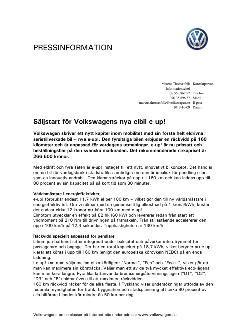 Säljstart för Volkswagens nya elbil e-up!