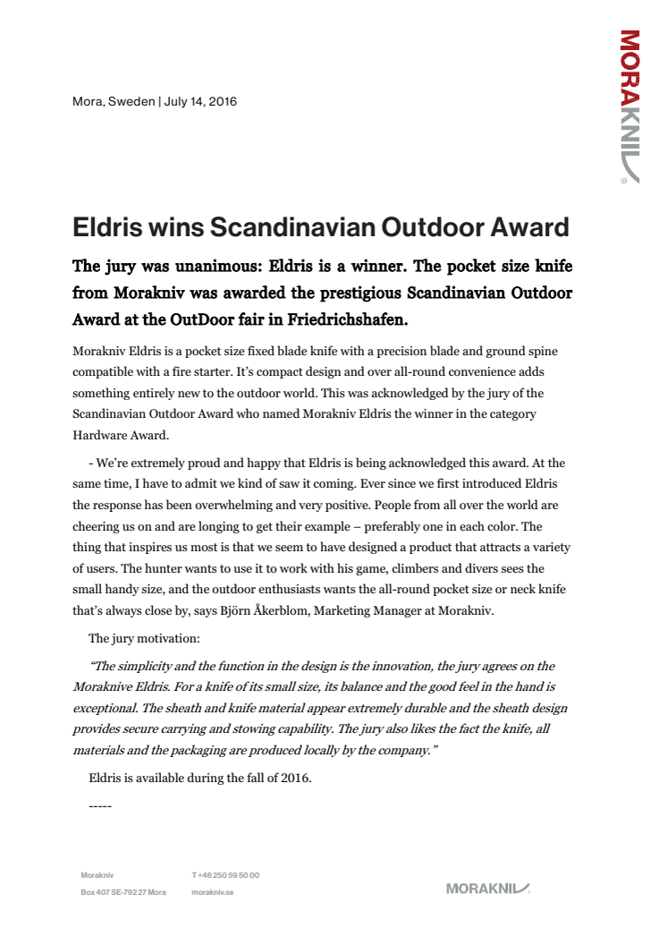 Eldris wins Scandinavian Outdoor Award