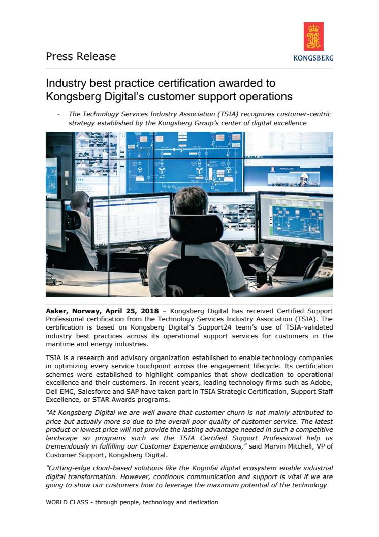 Kongsberg Digital: Industry best practice certification awarded to Kongsberg Digital’s customer support operations