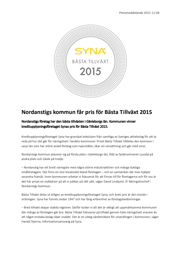 Nordanstigs kommun får pris för Bästa Tillväxt 2015