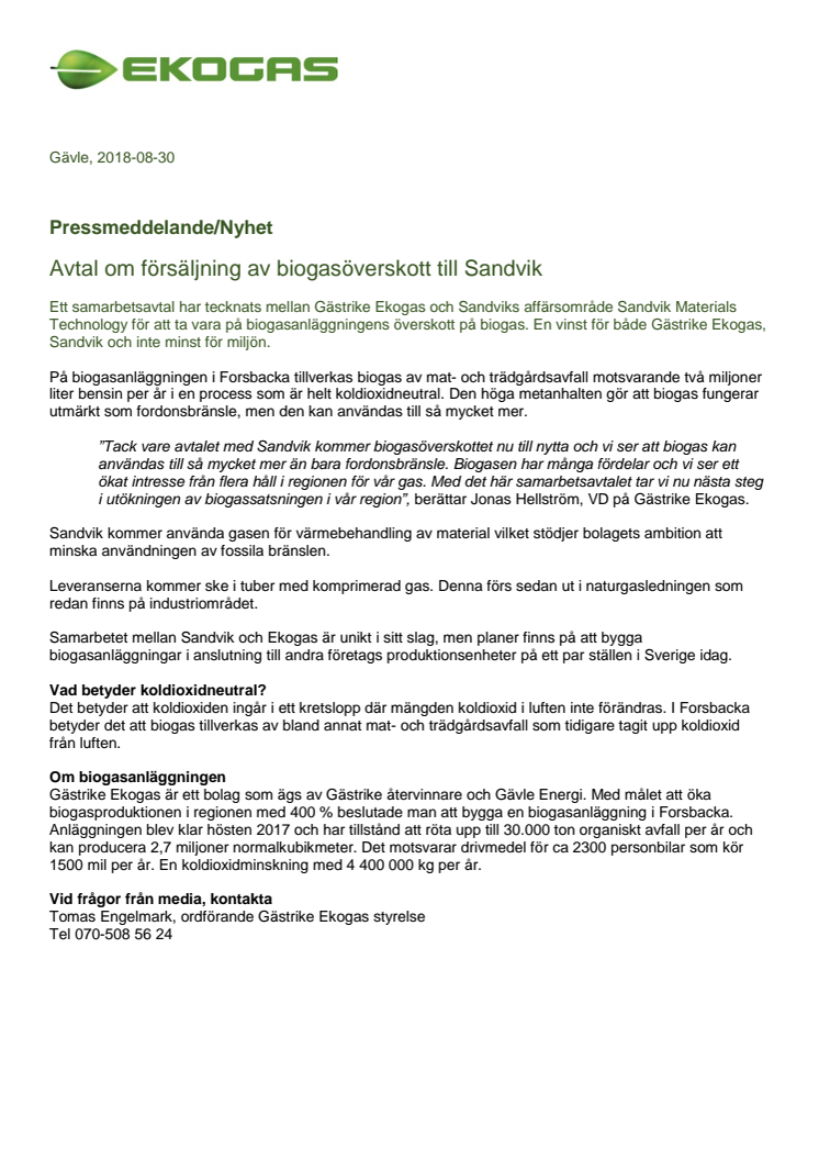Avtal om försäljning av biogasöverskott till Sandvik 