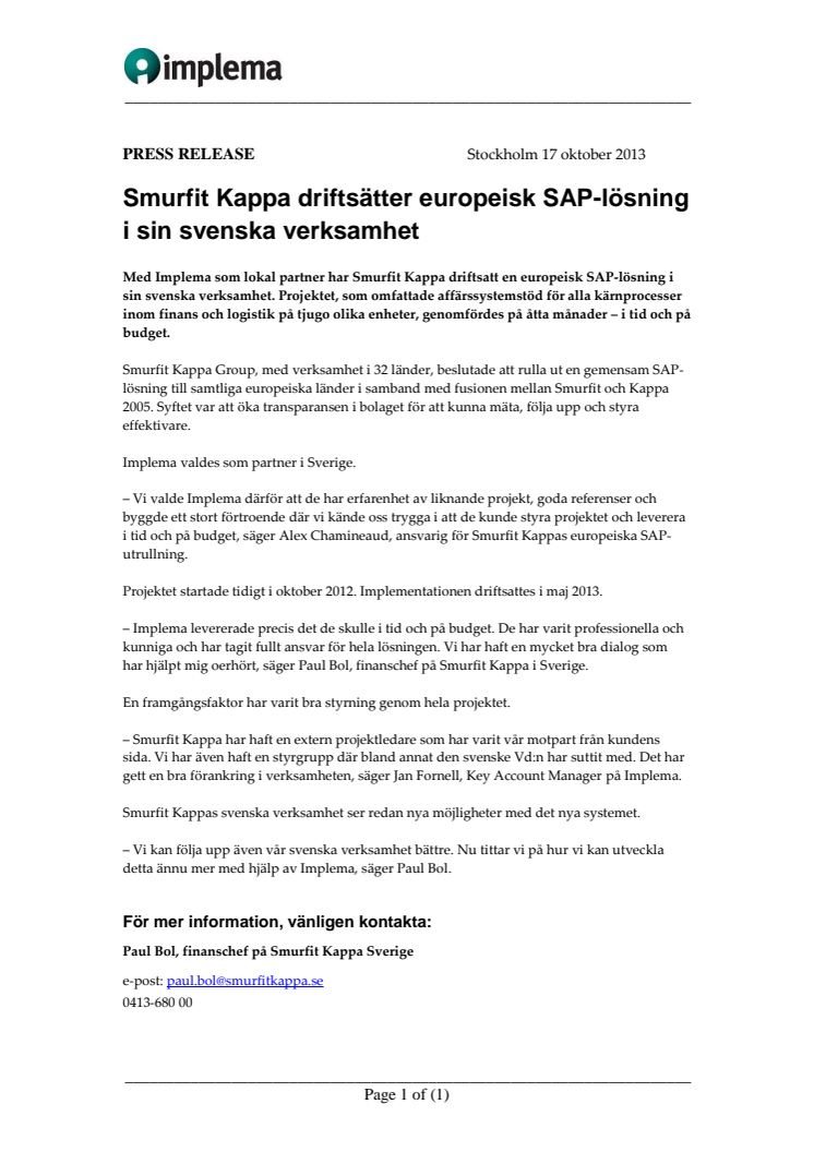 Smurfit Kappa driftsätter europeisk SAP-lösning i sin svenska verksamhet