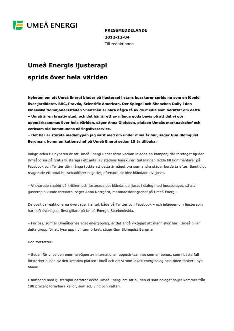 Umeå Energis ljusterapi sprids över hela världen