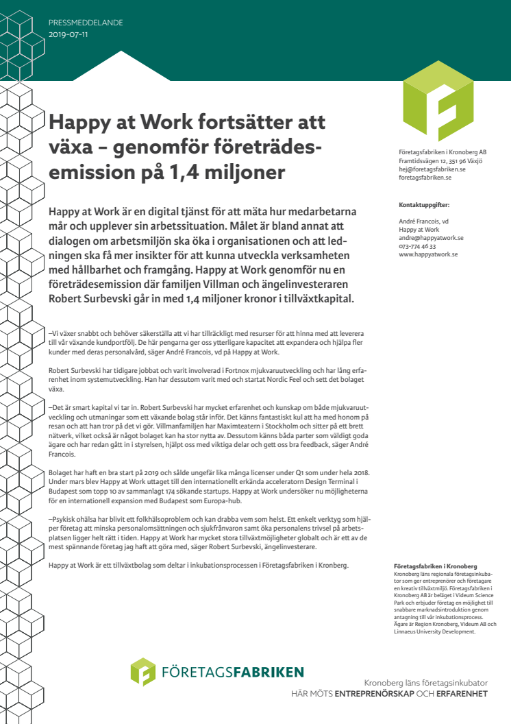 Happy at Work fortsätter att växa och genomför företrädesemission på 1,4 miljoner