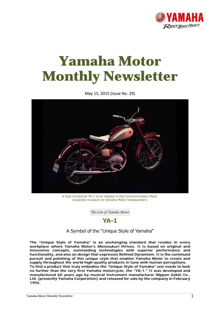 Yamaha Motor Monthly Newsletter No.29 (May.  2015) A Symbol of  the "Unique Style of Yamaha"