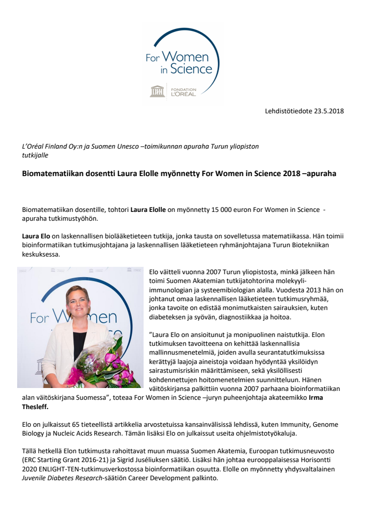 Laura Elo, L'Orèal Finland Oy ja UNESCO Suomen toimikunnan For Women in Science -apuraha