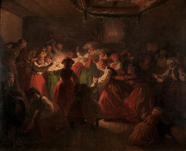 Facklor och ljus  inomhus: Bröllopsdans i Österåker, målning av Johan Wilhelm Wallander 1858, foto Bertil Wreting, Nordiska museet