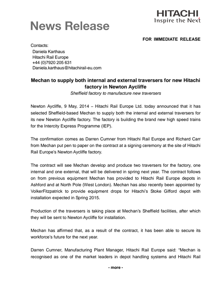 Mechan to supply both internal and external traversers for new Hitachi Rail Europe factory in Newton Aycliffe