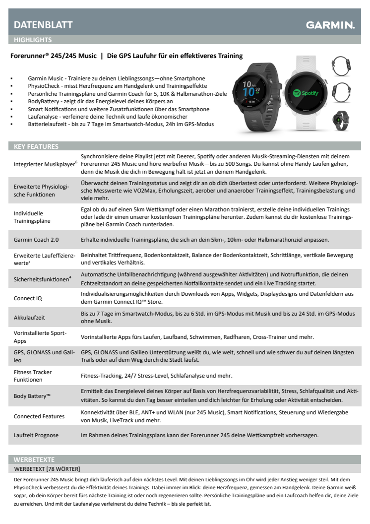 Datenblatt Forerunner 245/245 Music