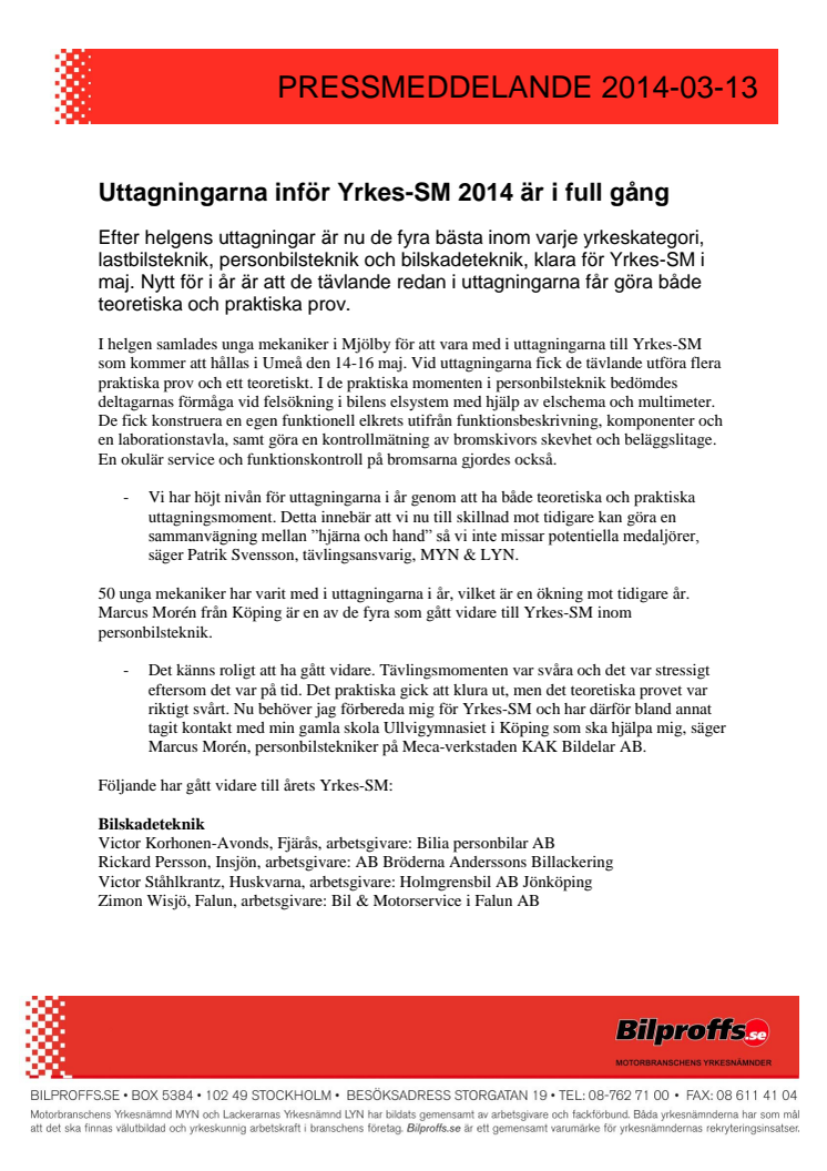 Uttagningarna inför Yrkes-SM 2014 är i full gång 