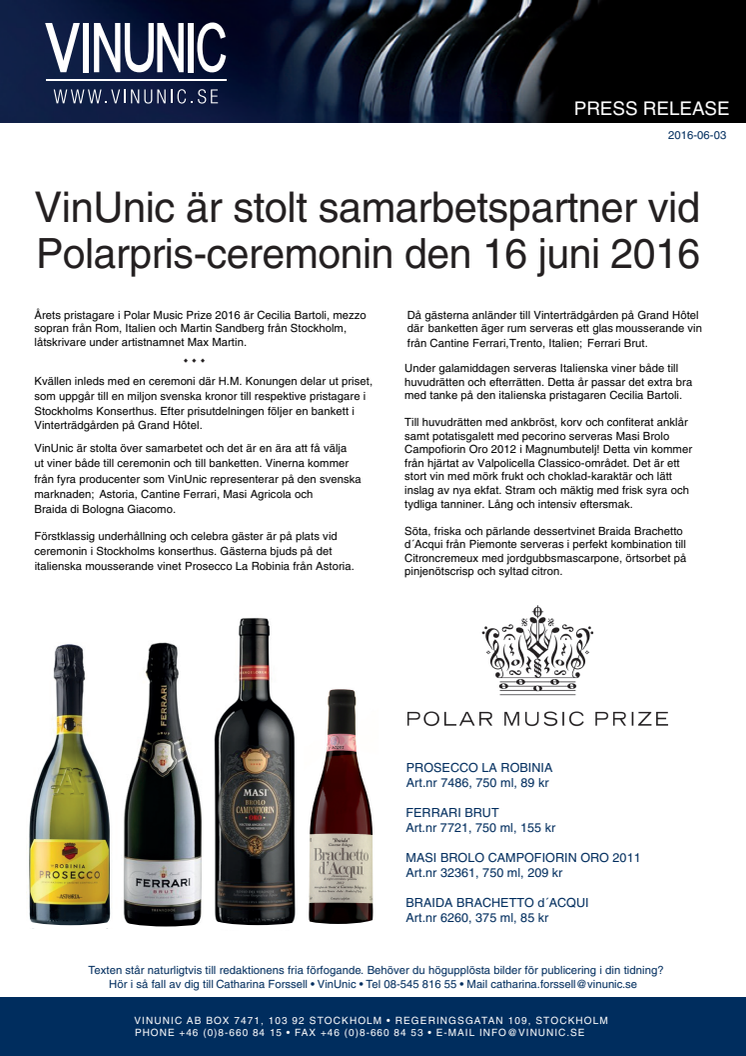 VinUnic är stolt samarbetspartner vid Polarpris-ceremonin den 16 juni 2016
