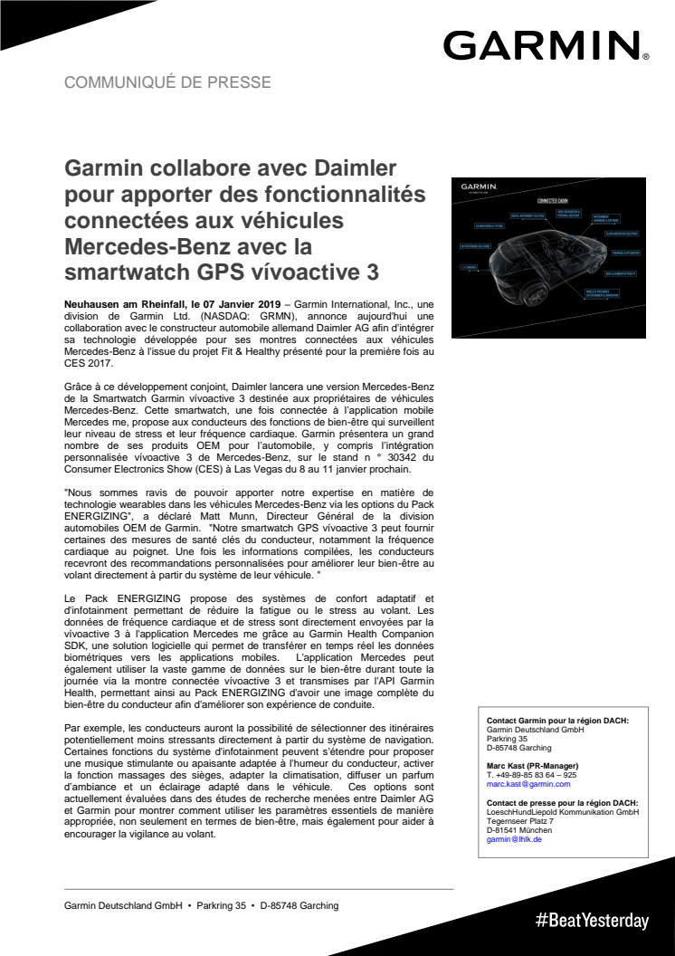 Garmin collabore avec Daimler pour apporter des fonctionnalités connectées aux véhicules Mercedes-Benz avec la smartwatch GPS vívoactive 3