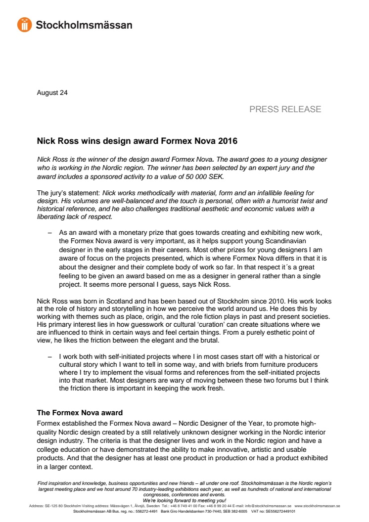 Nick Ross wins design award Formex Nova 2016 
