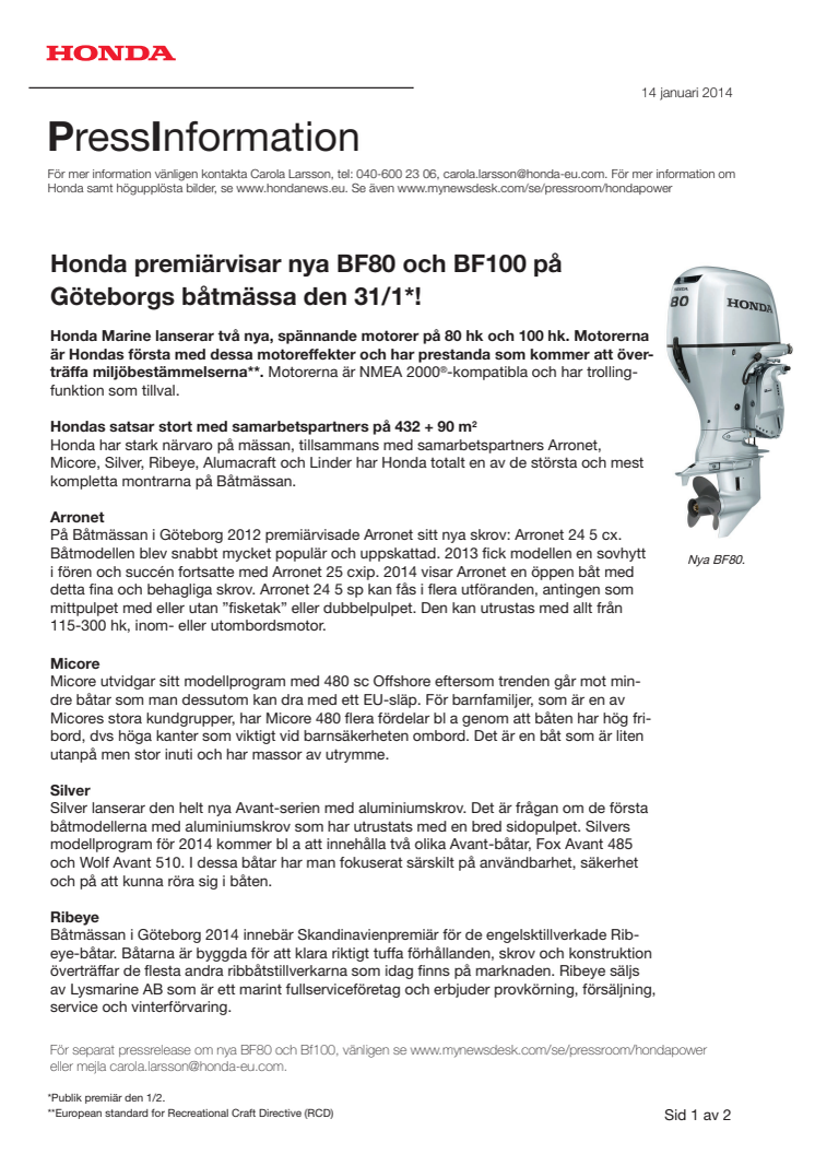 Honda premiärvisar nya BF80 och BF100 på Göteborgs båtmässa den 31/1*!
