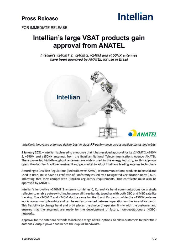 Intellian’s large VSAT products gain approval from ANATEL 