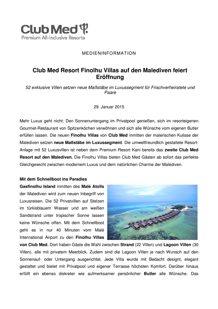 Club Med Resort Finolhu Villas auf den Malediven feiert Eröffnung