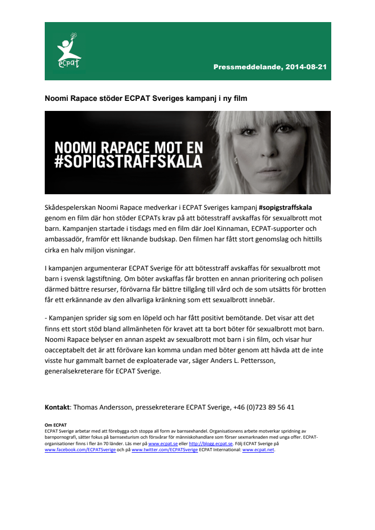 Noomi Rapace stöder ECPAT Sveriges kampanj i ny film