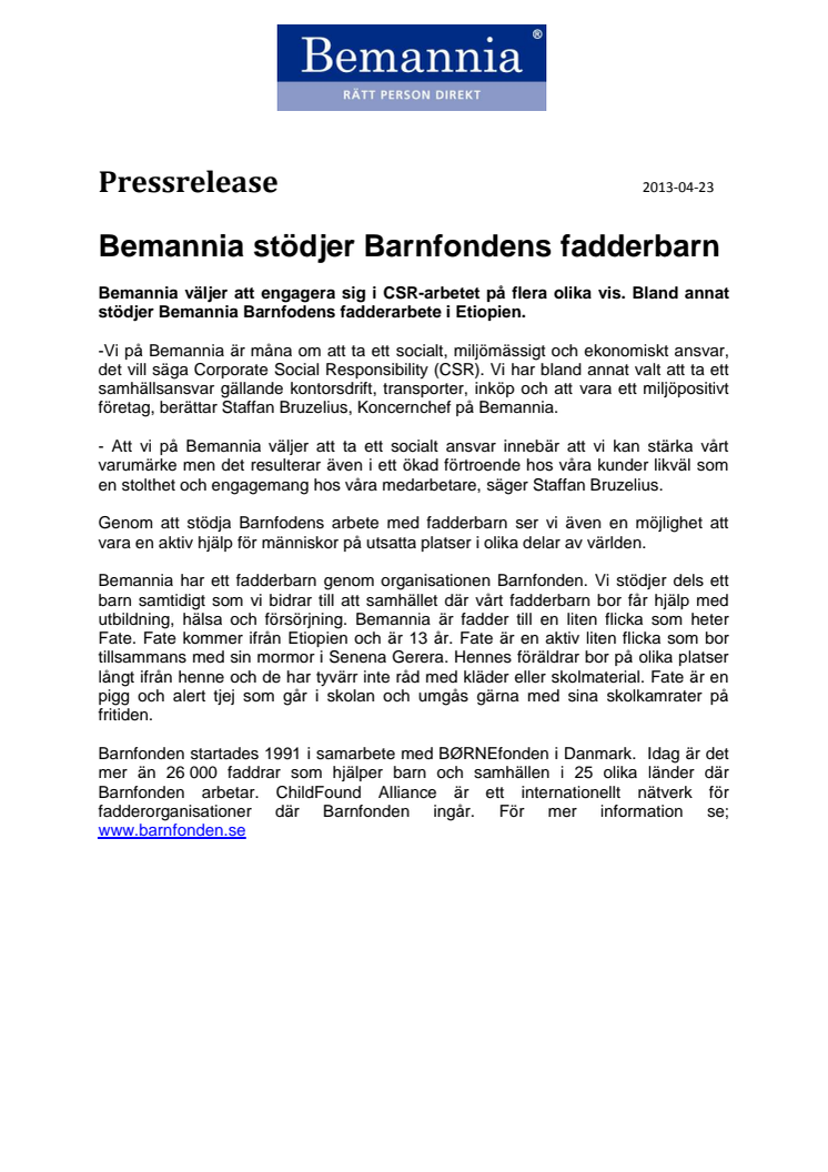 Bemannia stödjer Barnfondens fadderbarn 