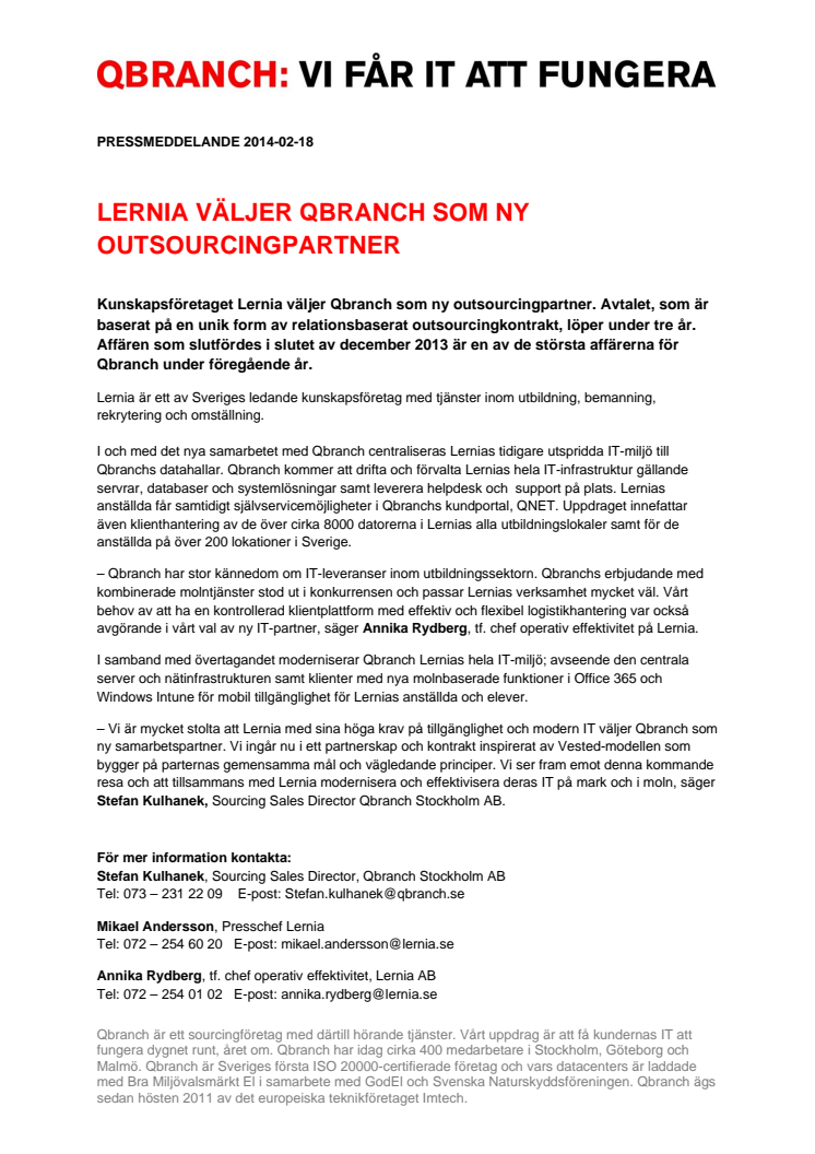 LERNIA VÄLJER QBRANCH SOM NY OUTSOURCINGPARTNER