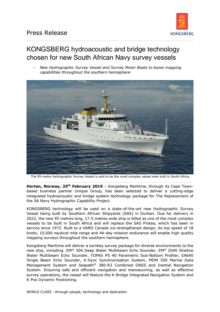 KONGSBERG hydroacoustic and bridge technology chosen for new South African Navy survey vessels