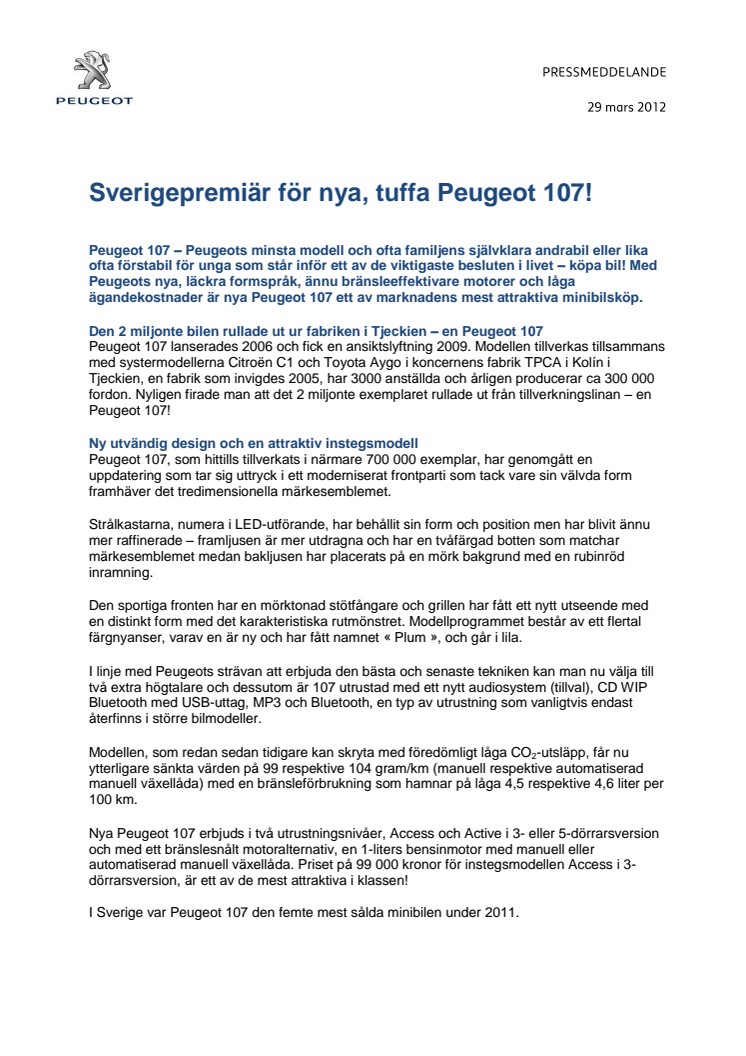 Sverigepremiär för nya, tuffa Peugeot 107!