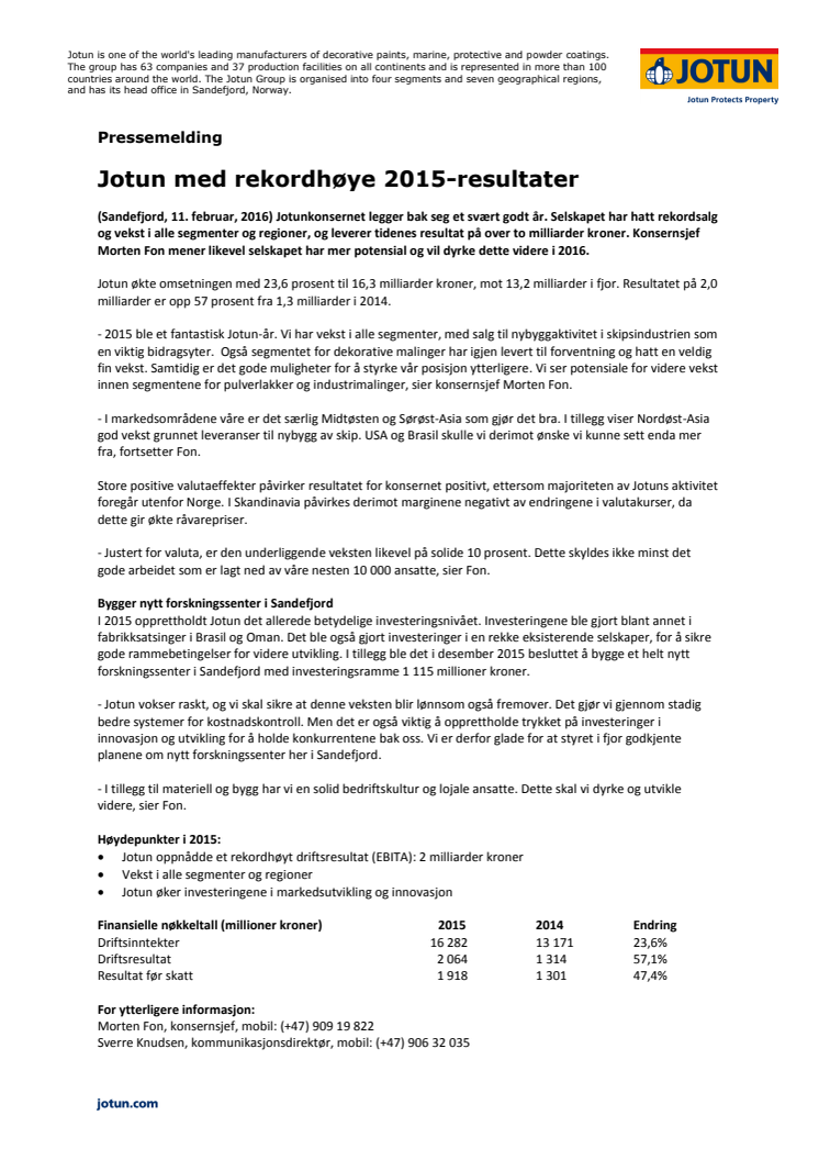 Jotun med rekordhøye 2015-resultater 