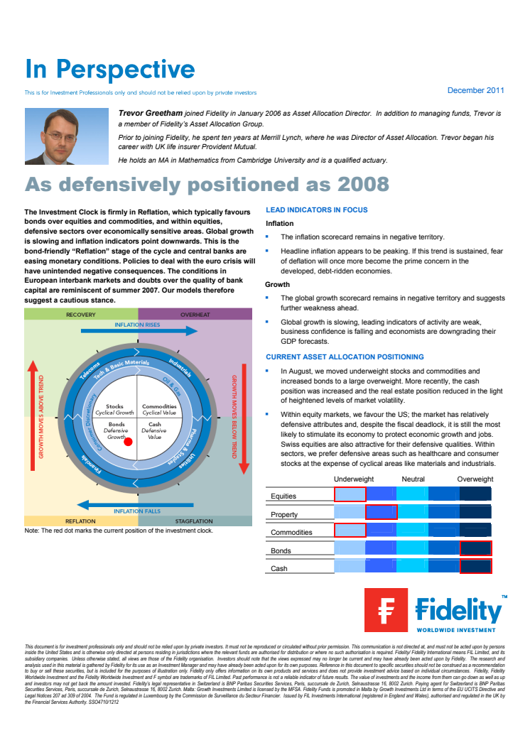 Trevor Greetham´s Investment Clock December 2011: As defensively positioned as 2008