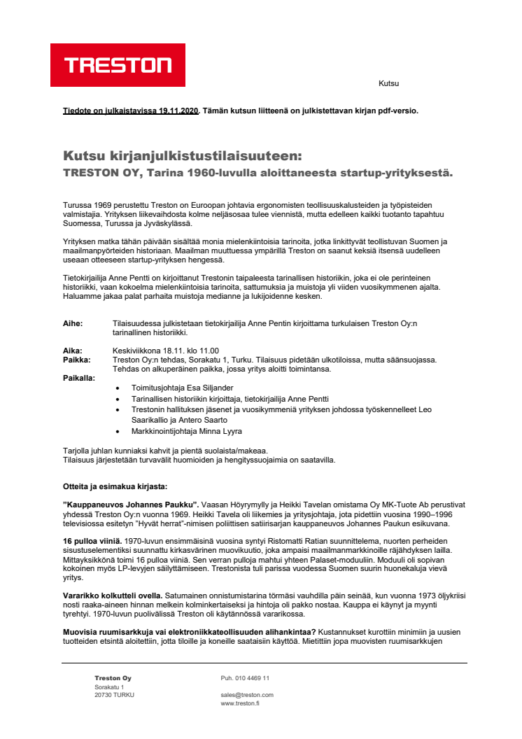 Kutsu kirjanjulkistustilaisuuteen: TRESTON OY, Tarina 1960-luvulla aloittaneesta startup-yrityksestä 