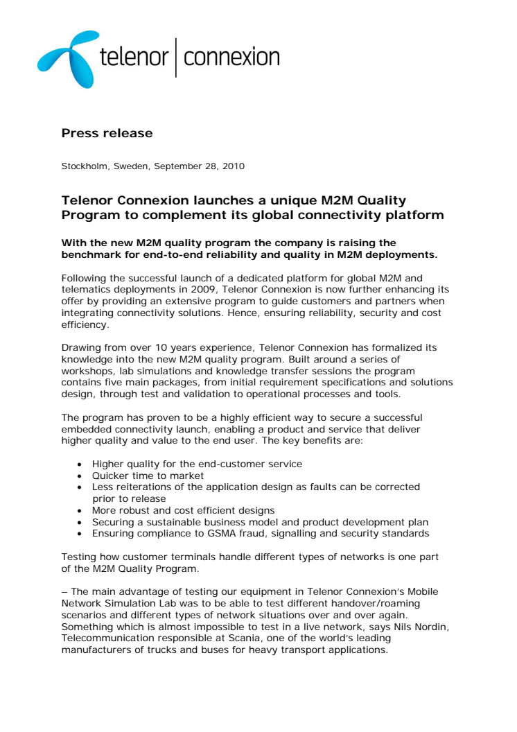 Telenor Connexion launches a unique M2M Quality Program to complement its global connectivity platform 