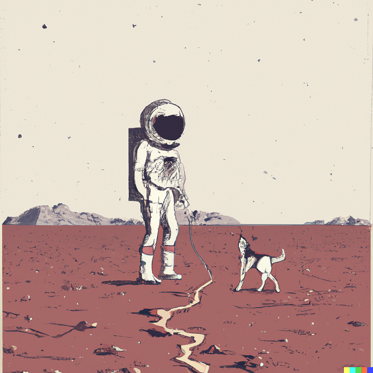 DALL·E 2022-11-03 09.57.58 - dog walking in the dessert with an astronaut, in retro style