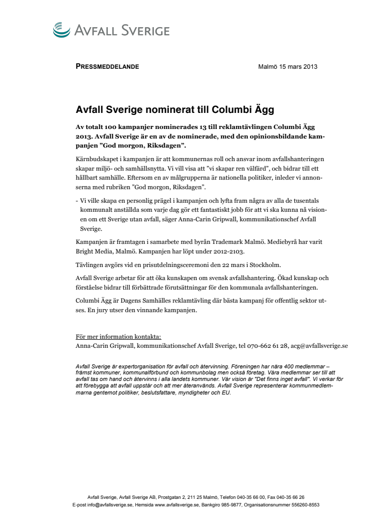 Avfall Sverige nominerat till Columbi Ägg