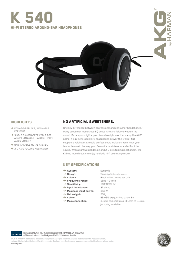 Specification sheet - AKG K 540 (English)