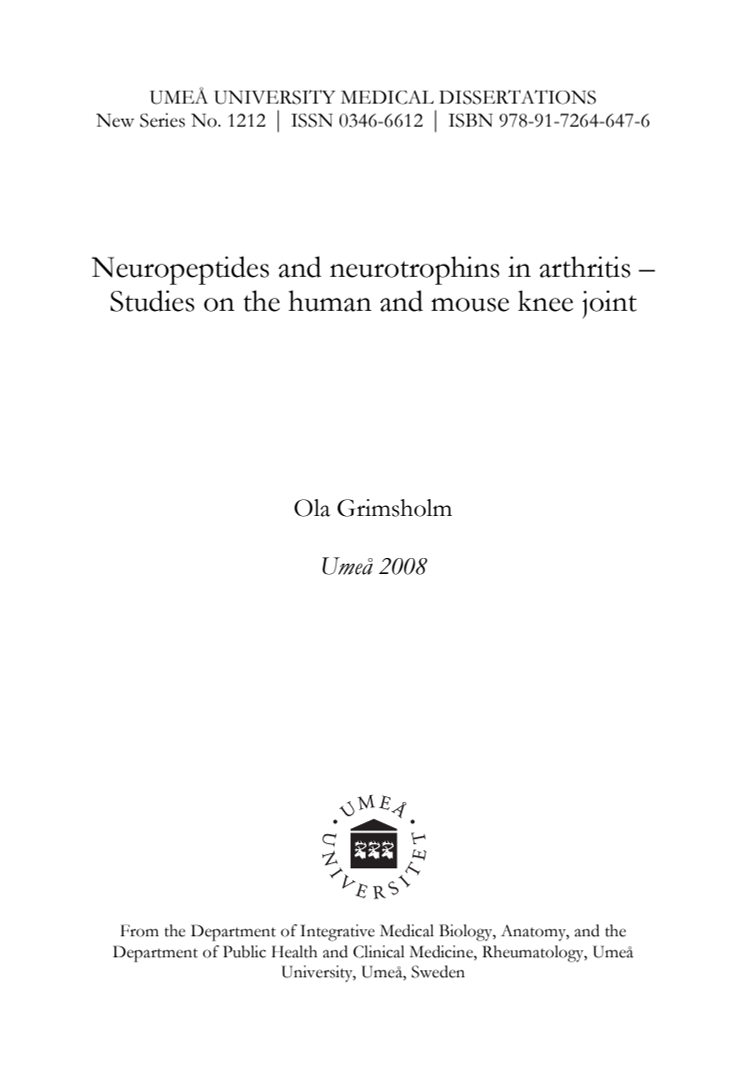 Neuropeptides and neurotrophins in arthritis – Studies on the human and mouse knee joint