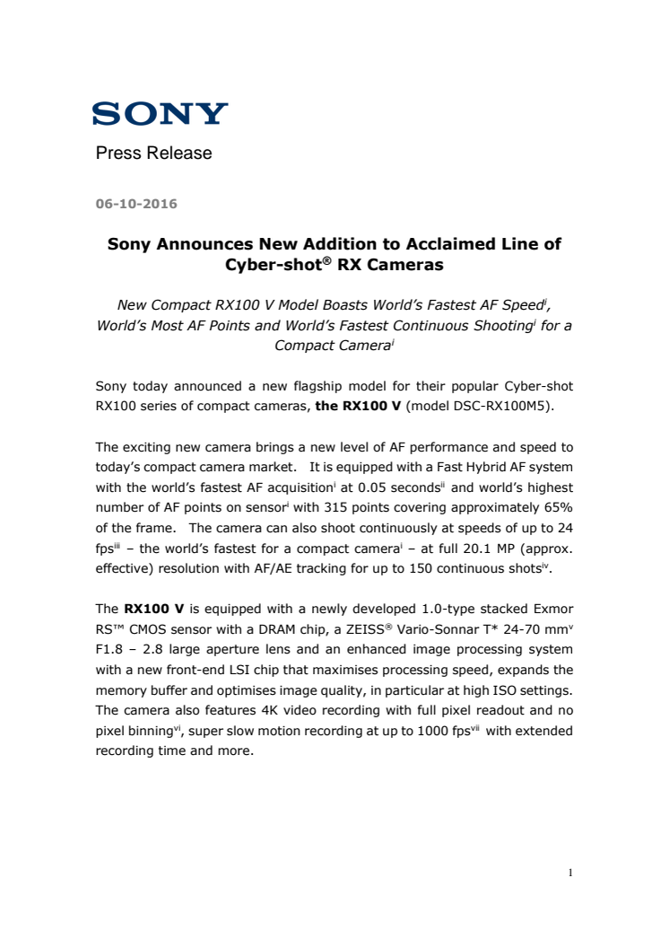 Sony lanserar nya tillägg till de hyllade Cyber-shot® RX-kamerorna